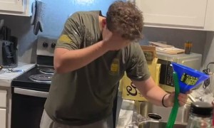 Guy Splashes Beer Bong Contents Over Self