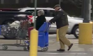 Elderly Man Lovingly Pushes His Wife In Shopping Cart