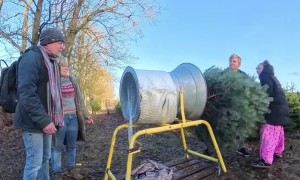 Jumping Through a Christmas Tree Netting Machine