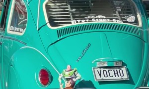 Woody and Buzz in a Predicament on a VW Beetle