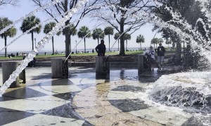 Dog Enjoys Biting Every Spout at Splash Pad
