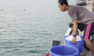 Fisherman Casually Fills Ice By Tossing Buckets