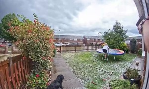 Boy Slips on Hail-Covered Trampoline