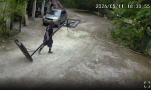 Delivery Truck Drives Away With Basketball Hoop Stuck to Roof