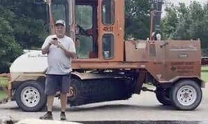 Pig Rolls Around on Freshly Laid Tar