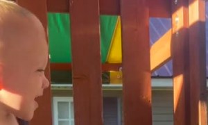 Little Boy Gets Hit by a Toy Truck Racing Up the Slide