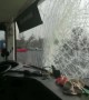 Dashcam shows bus windscreen getting smashed by flying piece of wood