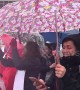 Whistles and umbrellas as LA teachers strike in the rain