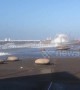 High tide surges onto boardwalk in Blackpool