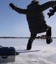 This is the moment an ice fisherman finds out ice is slippery