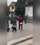 Chinese granny uses pointy finger on statue to scratch her back