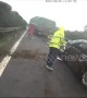 Car nearly flattened after overtaking and changing lane in front of semi-truck