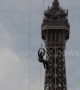 Brave thrill-seekers ride a 377-foot zipline off the Eiffel Tower