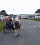 Travellers ride their horse-drawn carts ahead of the Appleby Horse Fair
