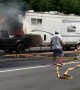Truck Engulfed in Flames Rolls into Fire Truck