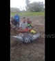 Shocking moment locals ride endangered leatherback turtle on Indonesian beach