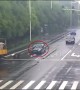 Car slams into utility pole trailing from truck in China's Changshu