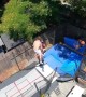 Dude pulls off epic basketball trampoline trick shot