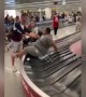 Man shoves larger friend into doing 'baggage claim surfing'