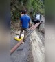 Terrifying moment car crosses damaged mountain road on makeshift track