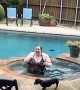 Surprise Splash While Helping a Doggy Into the Pool