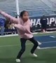 Little girl shows University Of Nevada football players how it\'s done