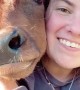 Cow youngster loves to cuddle with human