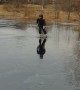Man Ice Skating Finds Slim Spot in the Ice