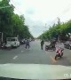 Quick Thinking Driver Dodges Falling Motorcyclist