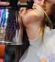 Girl Attempting to Chug Drink Tower Forgets to Swallow