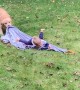 Wallace the Golden Pulls 2-Year-Old Around Yard on a Blanket