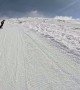 Snowboarder Wipes Out Skiers