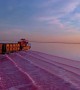 Train Travels Through Picturesque Pink Water