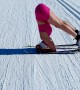 Woman Does Yoga Headstand While Wearing Skis