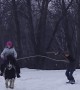 Little Snowboarder Pulled by Pony-Riding Sister