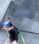 Yorkie Crabwalks Along Sidewalk